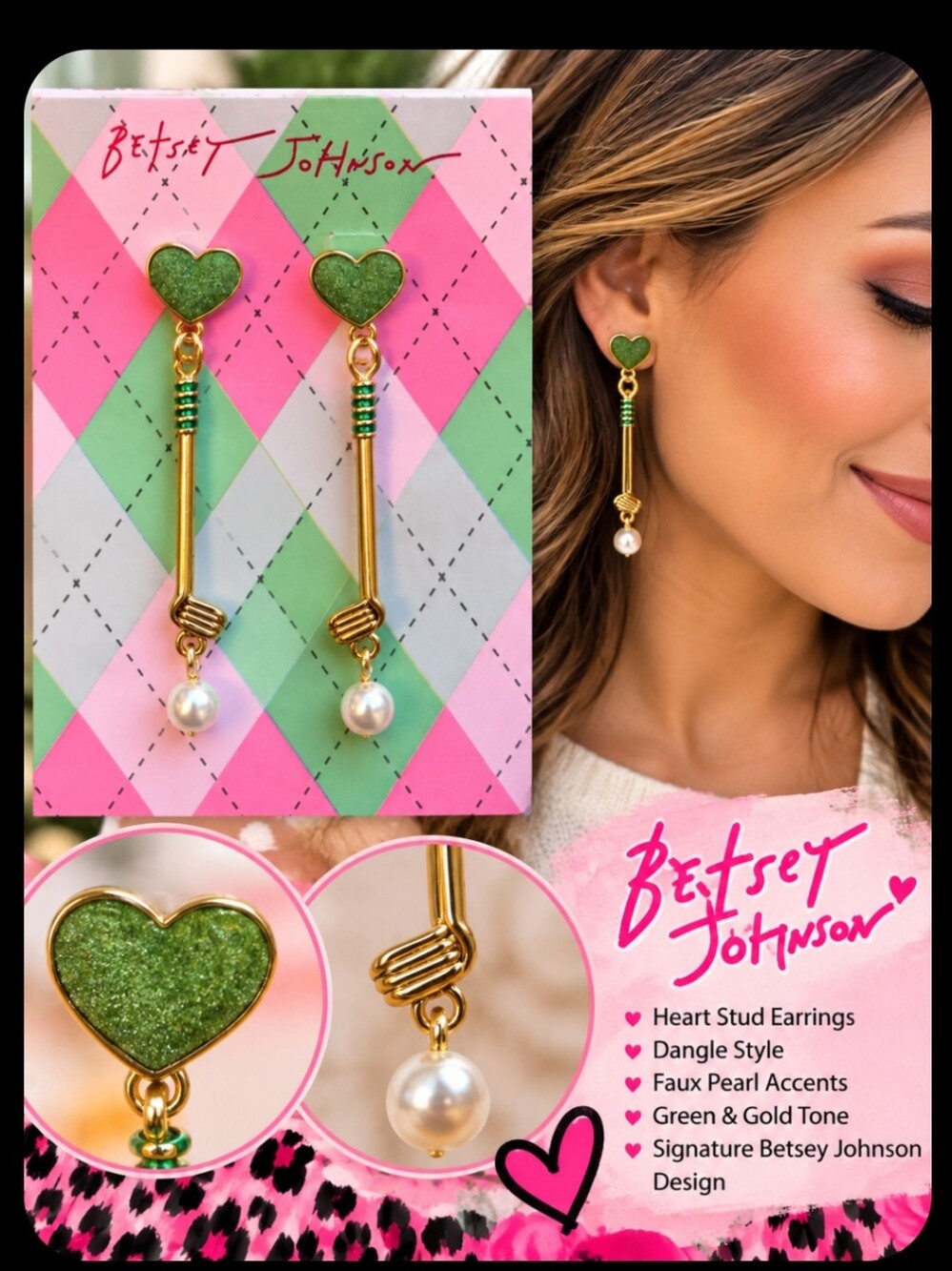 Betsey Johnson Green and Gold Heart Dangle Earrings with Faux Pearl
